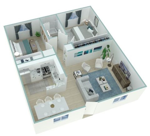 Floor plan for 2 beds, 1 bath, 837 sqft